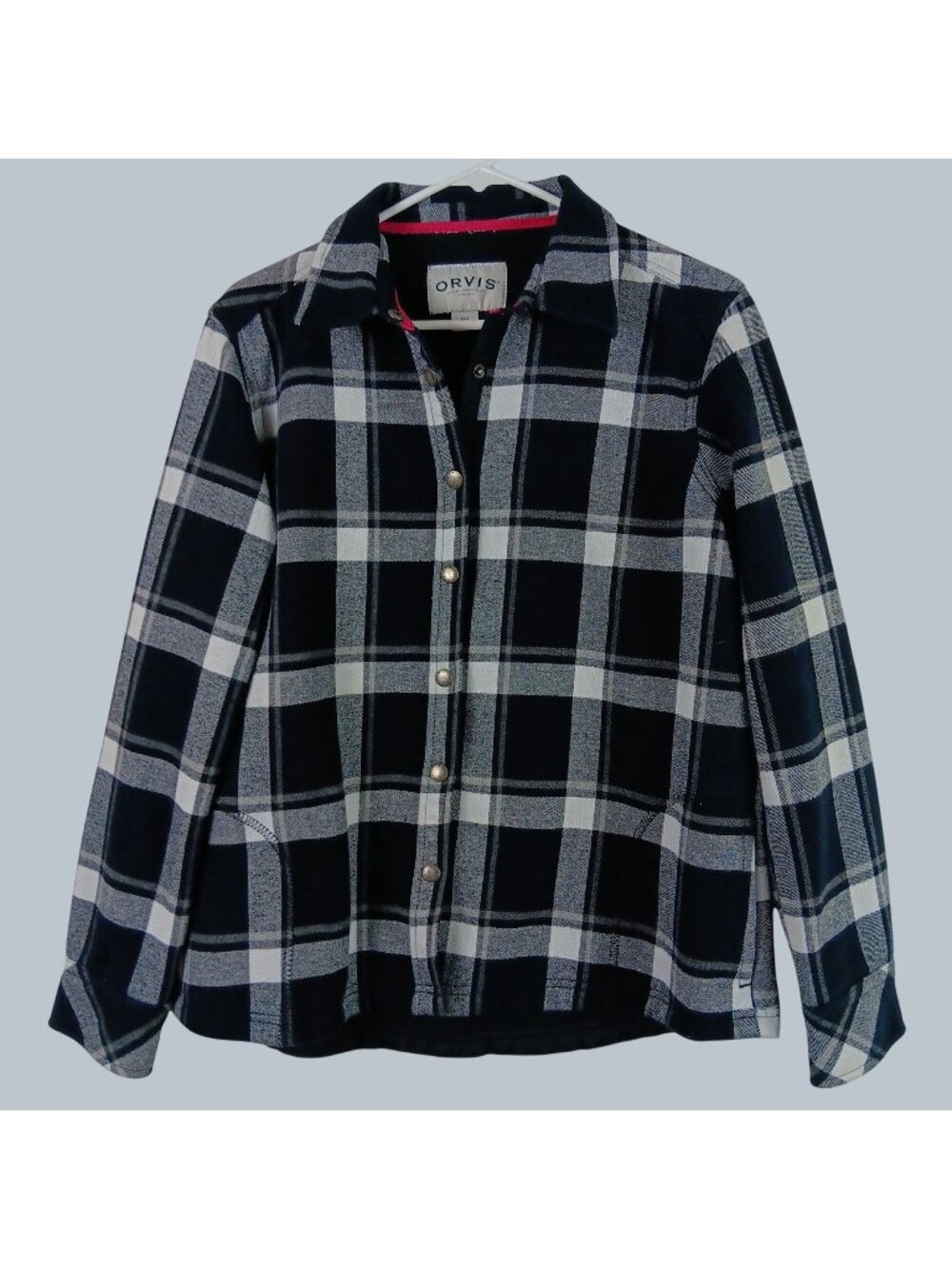 Orvis Fleece Lined Plaid Shirt Jacket Shacket Womens Large Blue Camping Hiking